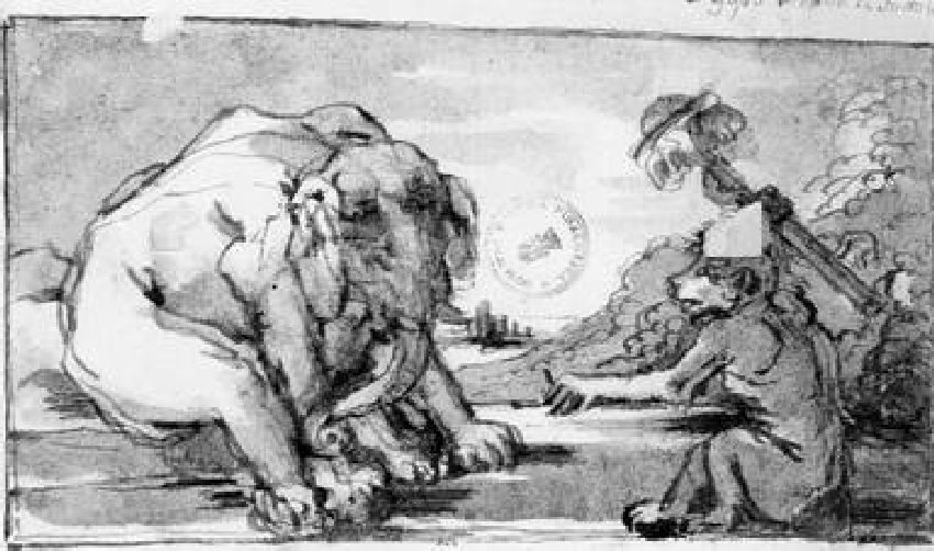una scimmia conversa con un elefante; composizione allegorica (disegno) di Duranti Fortunato (sec. XIX)