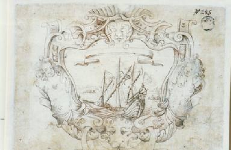 cartella decorativa con veliero (disegno) di Piccolpasso Cipriano (cerchia) (sec. XVI)