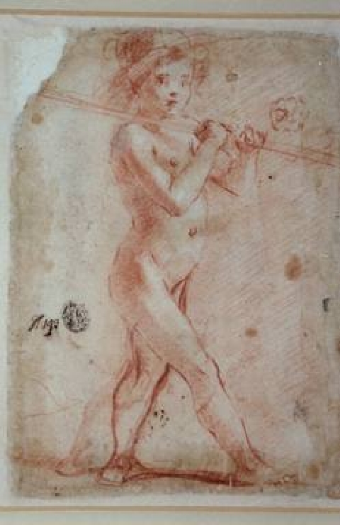 studio per putto con asta appoggiata sulla spalla (disegno) di Montelatici Francesco detto Cecco Bravo (attribuito) (sec. XVII)