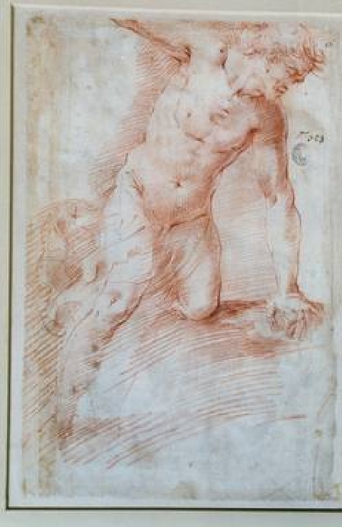 studio per figura maschile nuda appoggiata ad un masso (r), studi per figure femminili intente al cucito e per santo (v) (disegno) di Rombaldoni Ippolito detto Pseudo Cecco Bravo (maniera) (sec. XVII)