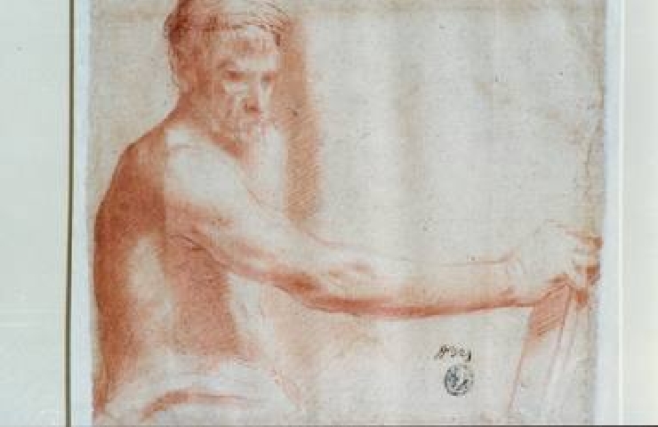 studio per figura virile a mezzo busto in atto di impugnare un'asta (?) (disegno) di Rombaldoni Ippolito detto Pseudo Cecco Bravo (maniera) (sec. XVII)