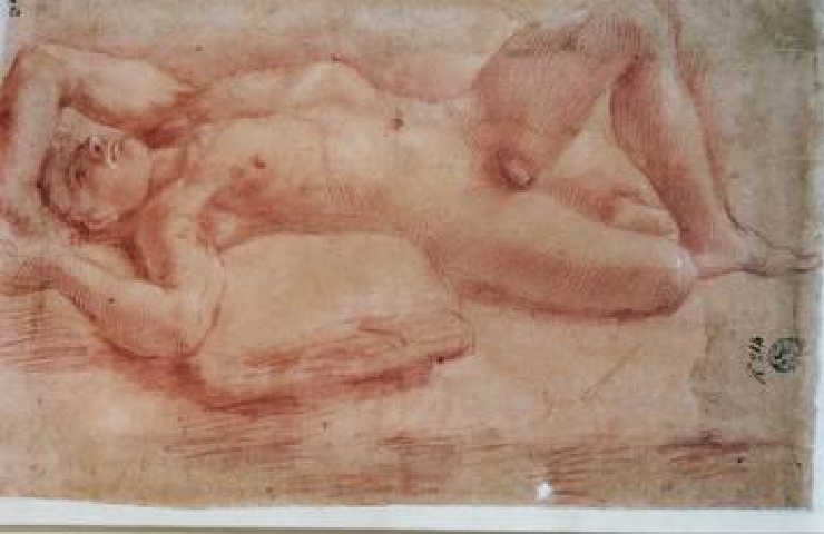 studio per figura maschile nuda sdraiata (disegno) di Rombaldoni Ippolito detto Pseudo Cecco Bravo (maniera) (sec. XVII)