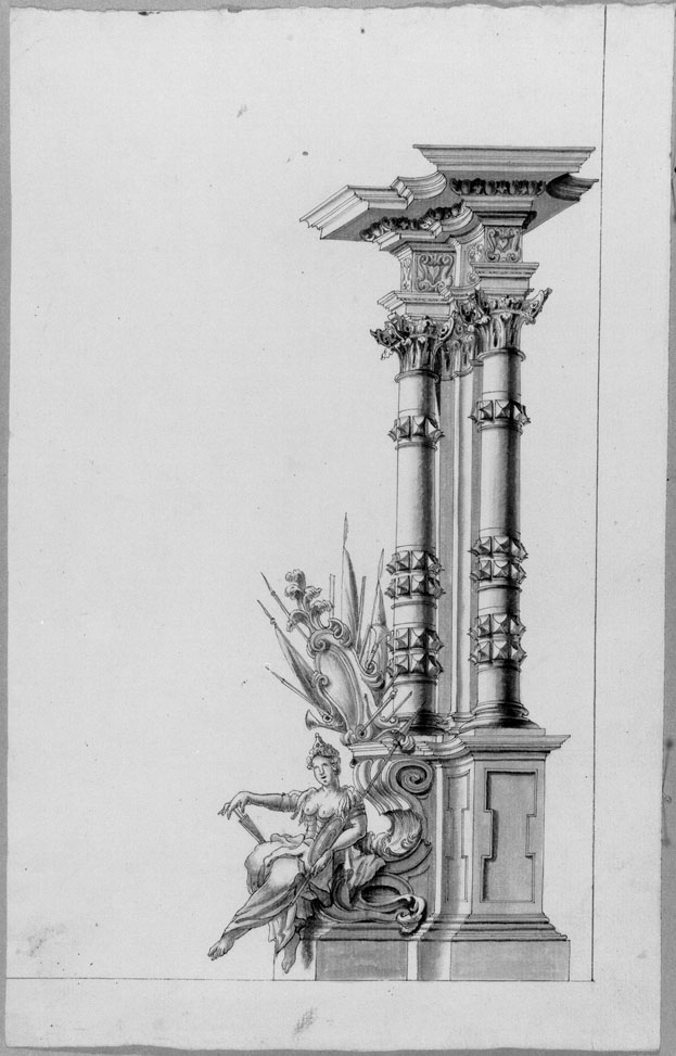 studio di colonne con figura allegorica (disegno) - ambito italiano (sec. XVIII)