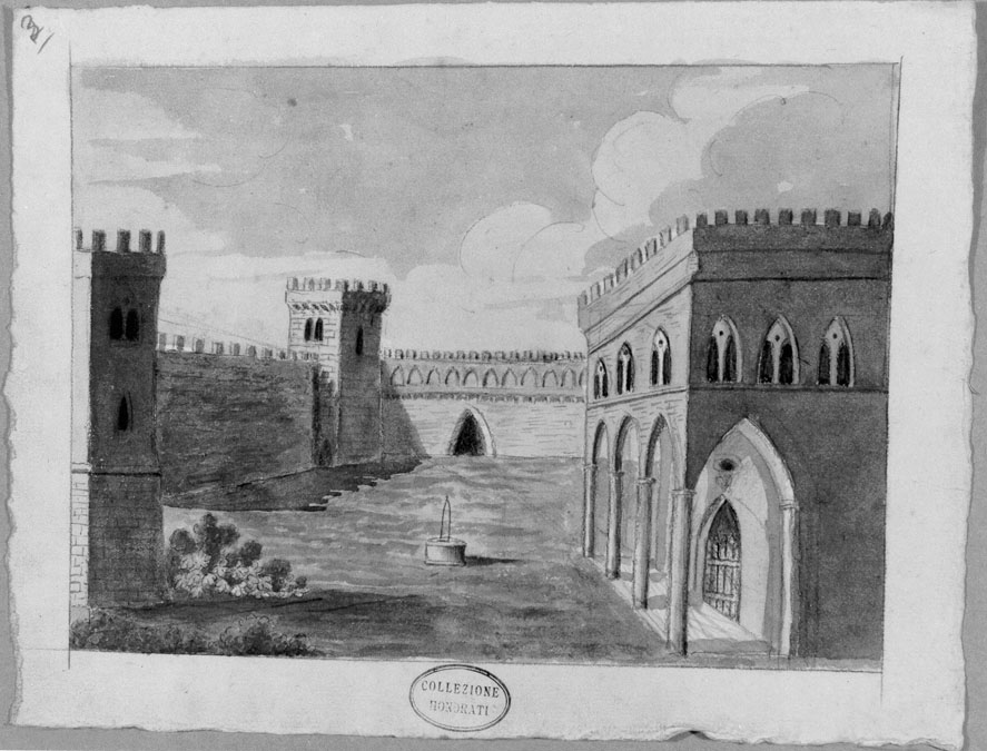 edificio merlato (disegno) di Honorati Carlo (sec. XIX)