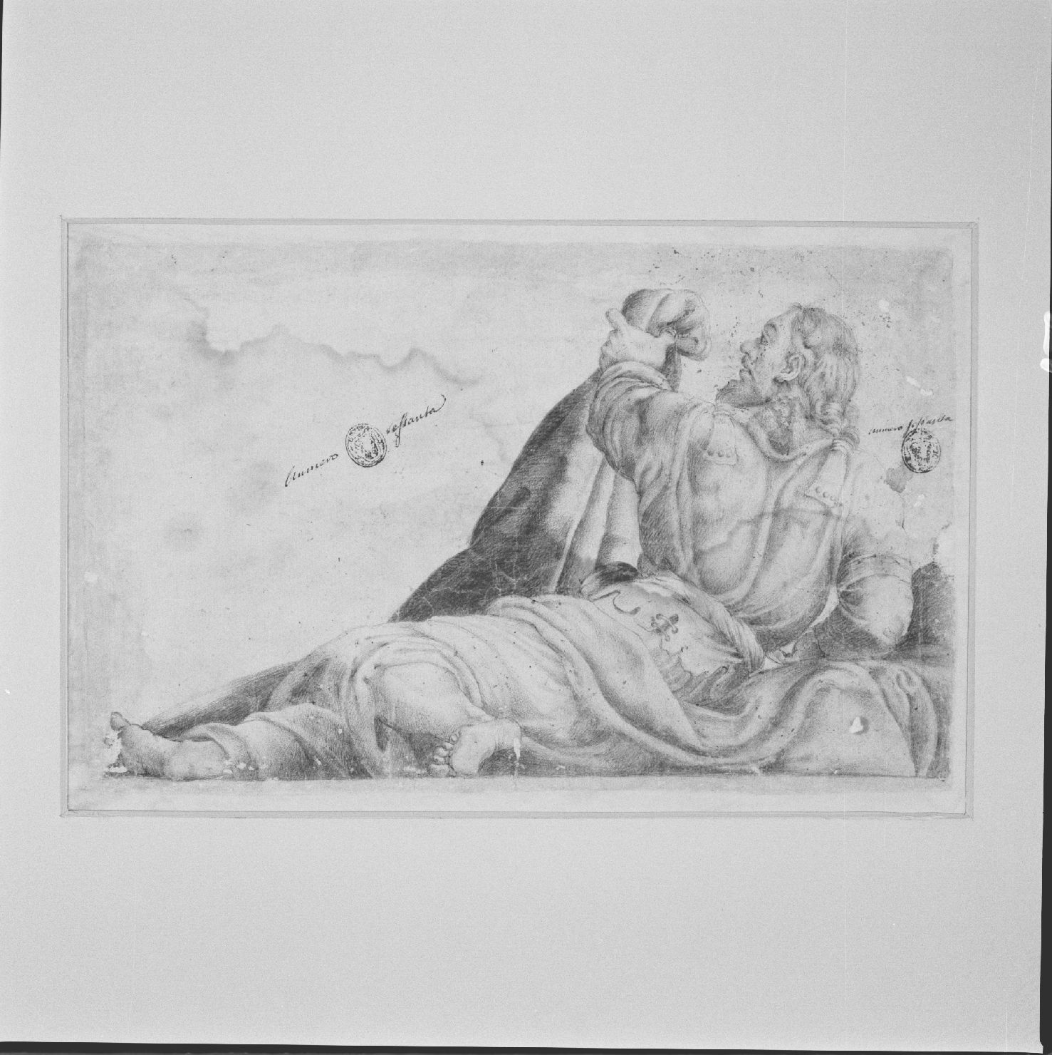 figura maschile distesa (disegno) - ambito romano (sec. XVI)
