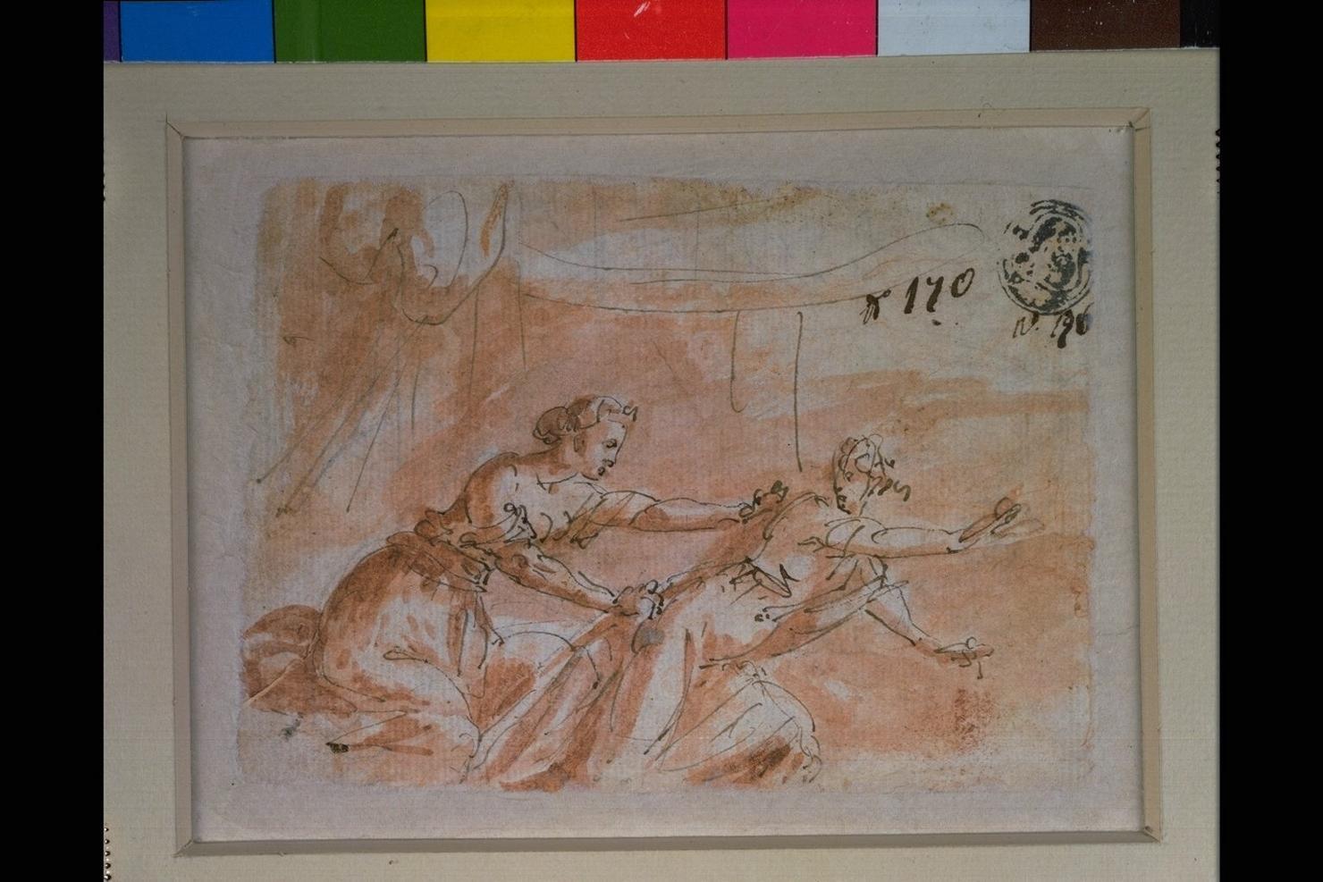 Giuseppe e la moglie di Putifarre (disegno) di Guerrieri Giovanni Francesco (attribuito) (sec. XVII)