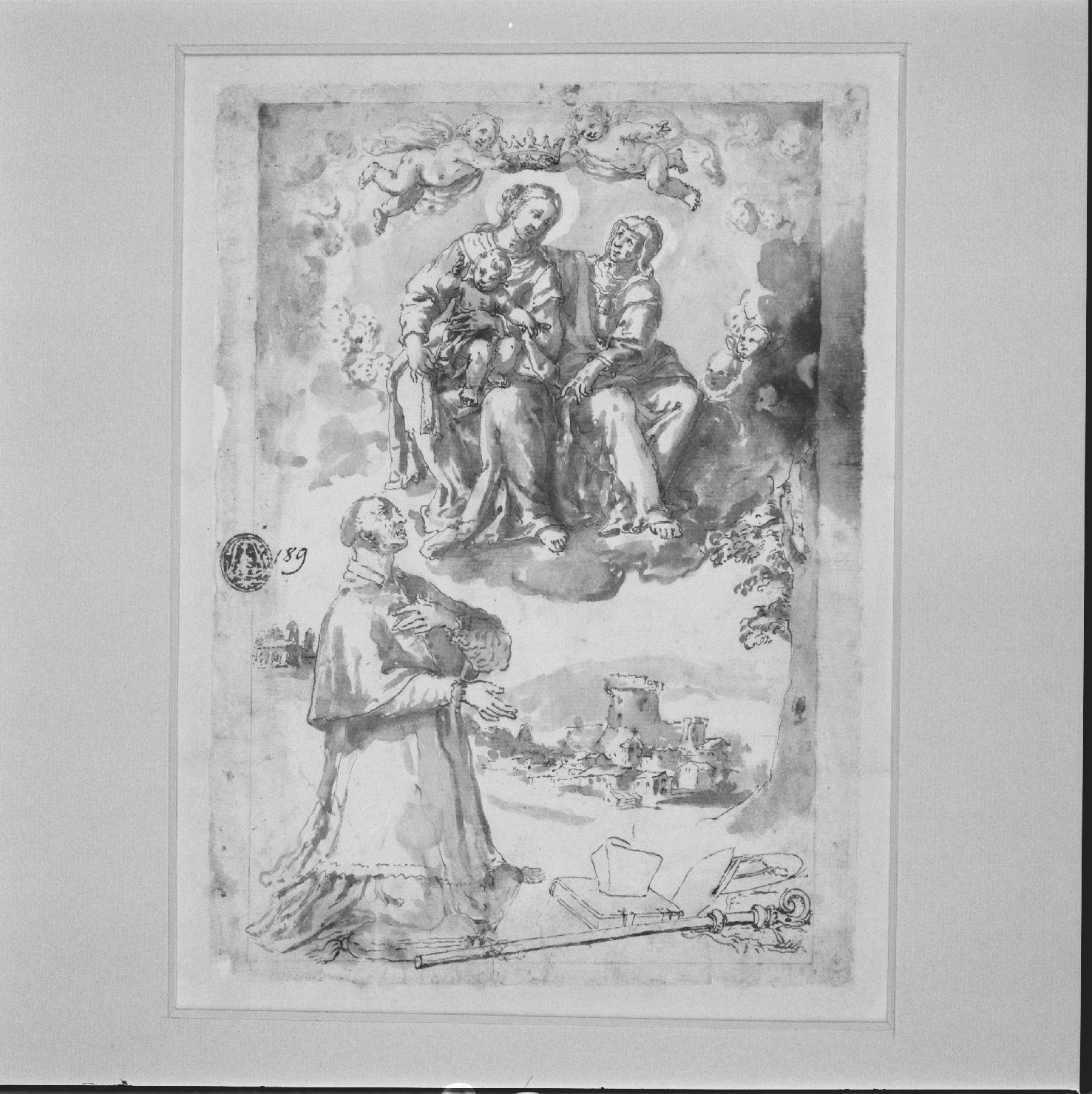Madonna con Bambino e Santi (disegno) di Guerrieri Giovanni Francesco (sec. XVII)