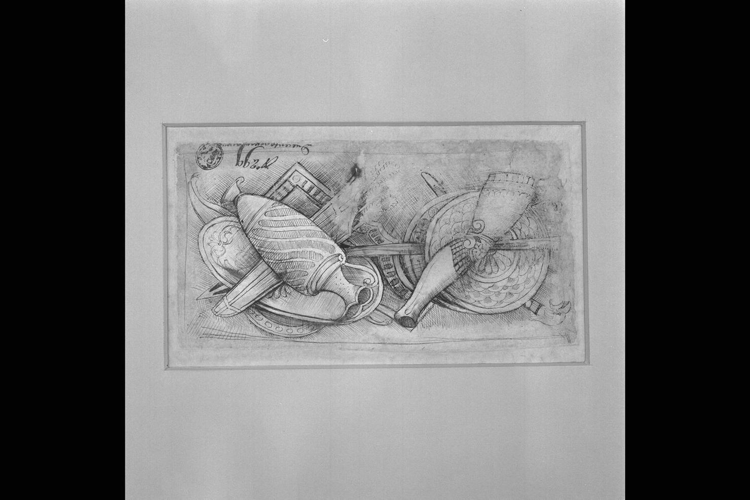 trofeo di armi (disegno) di Piccolpasso Cipriano (cerchia) (sec. XVI)