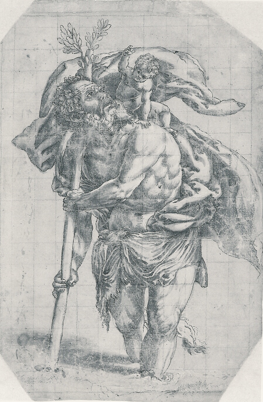 San Cristoforo guada il fiume con Gesù Bambino sulle spalle (disegno) di Lotto Lorenzo (sec. XVI)