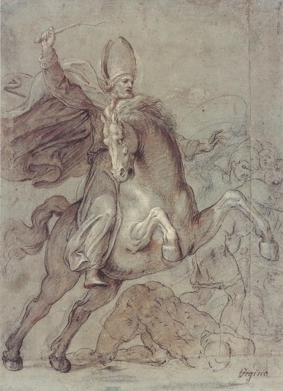 Sant'Ambrogio a cavallo scaccia gli ariani (disegno) di Figino Giovanni Ambrogio (sec. XVI)