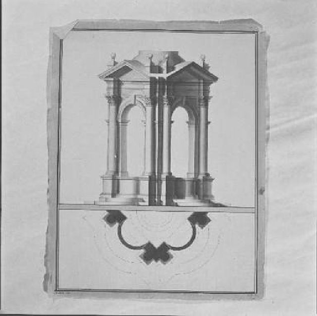 pianta e prospetto angolare per una cisterna pubblica (disegno) di Niccolai Nicola (sec. XVIII)