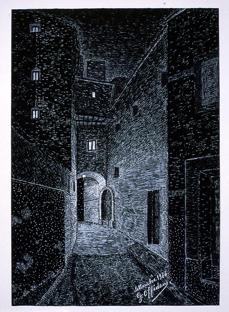 veduta di Sant'Elpidio a Mare di notte (disegno) di Offidani Germano (sec. XX)