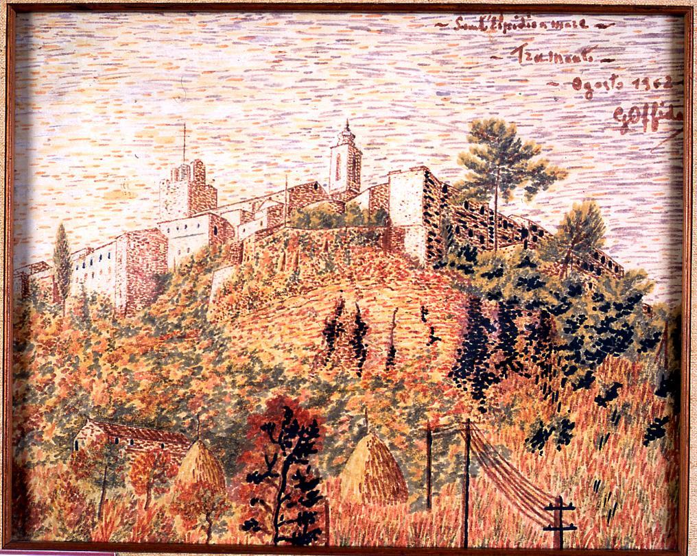 veduta di Sant'Elpidio a Mare al tramonto (disegno) di Offidani Germano (sec. XX)