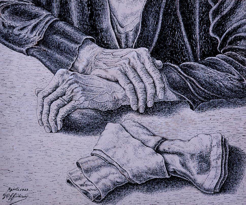 mani di donna; tovagliolo (disegno) di Offidani Germano (sec. XX)
