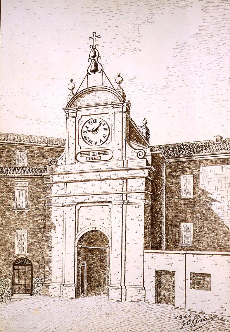 Monte Urano: torre dell'Orologio, veduta della torre dell'Orologio a Monte Urano (disegno) di Offidani Germano (sec. XX)