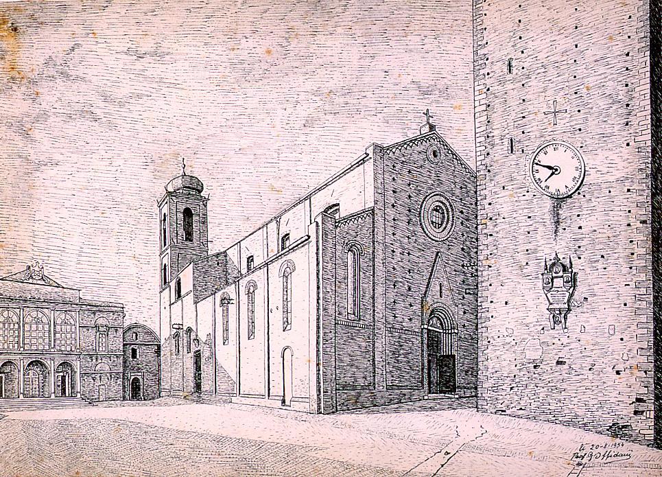 Sant'Elpidio a Mare: la piazza, veduta della piazza di Sant'Elpidio a Mare (disegno) di Offidani Germano (sec. XX)