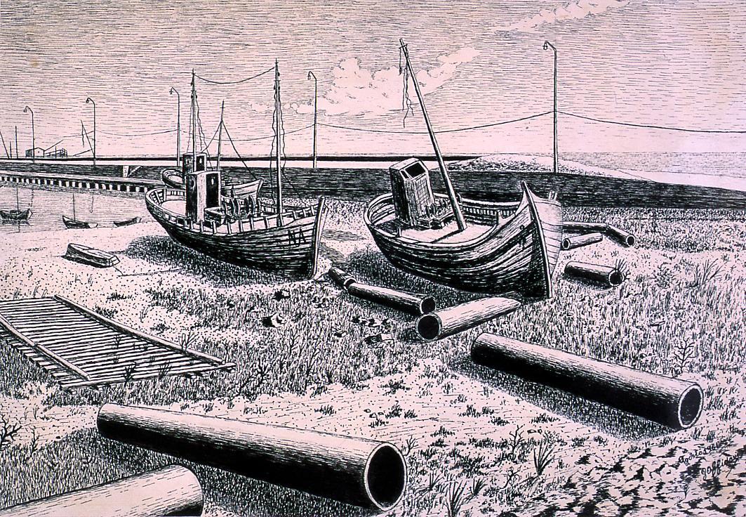 barche, paesaggio marino (disegno) di Offidani Germano (sec. XX)