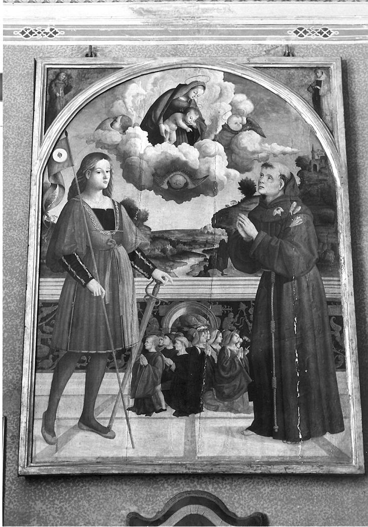 Madonna con Bambino con San Francesco d'Assisi e San Giuliano (dipinto) di Pagani Vincenzo (attribuito) (secondo quarto sec. XVI)