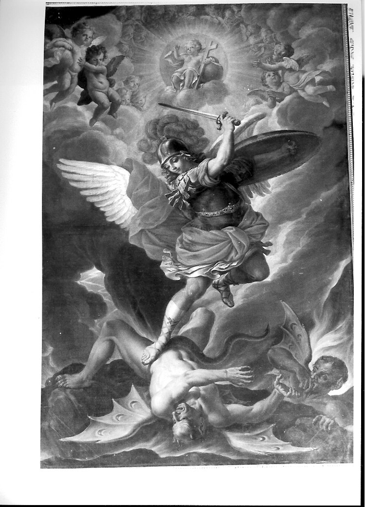 San Michele Arcangelo scaccia gli angeli ribelli dal paradiso (dipinto) di Ghezzi Pier Leone (maniera) (prima metà sec. XVIII)