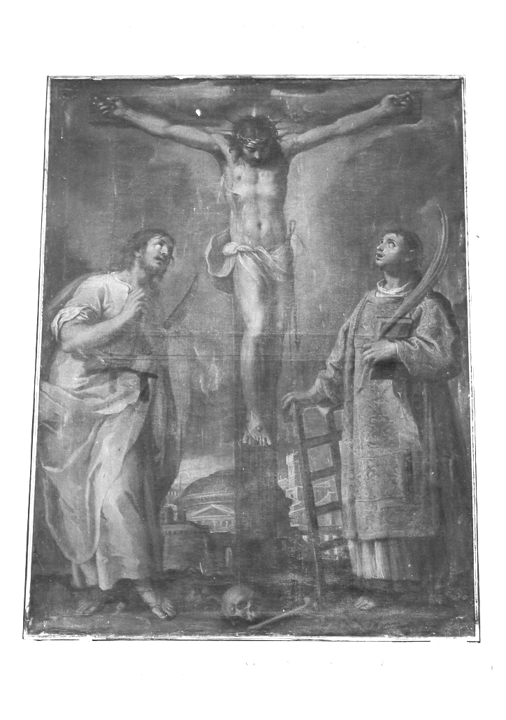Cristo crocifisso con San Bartolomeo e San Lorenzo (dipinto) di Ridolfi Claudio (attribuito) (sec. XVII)