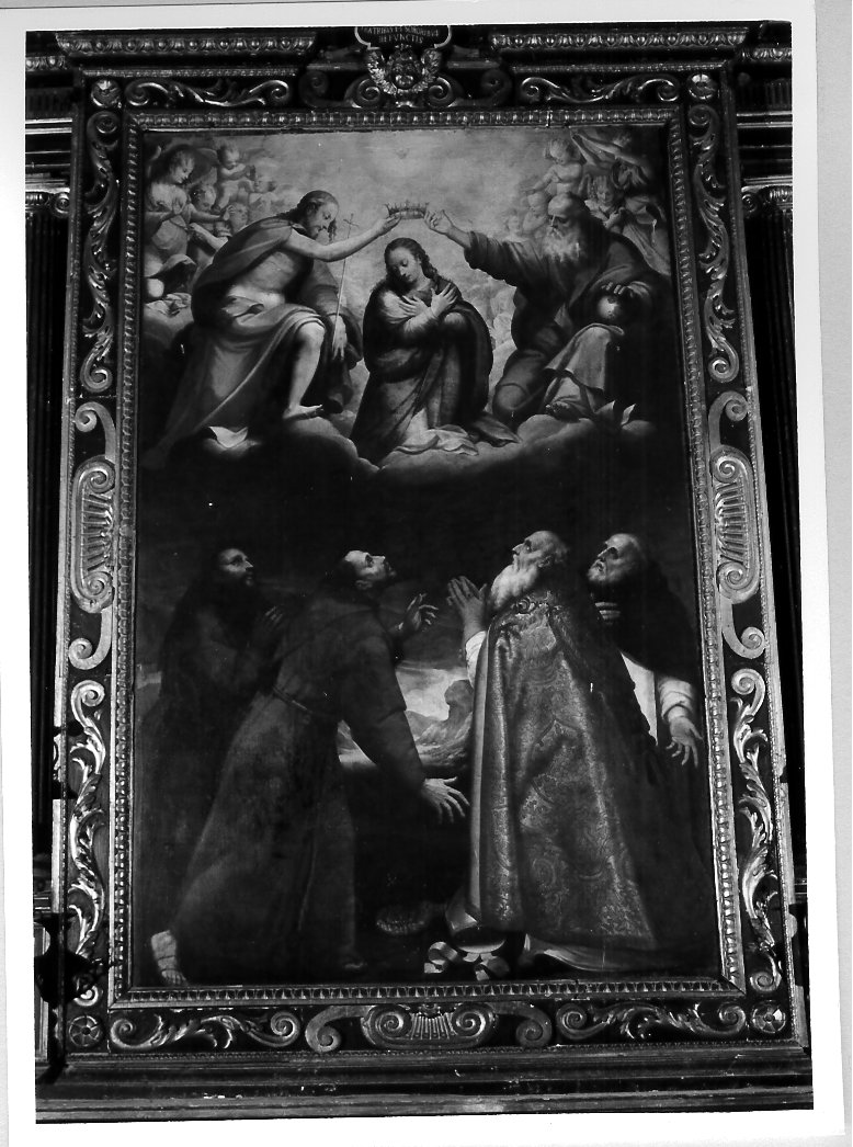 incoronazione della Madonna con Sant'Antonio da Padova, San Francesco, Sant'Agostino, San Domenico (dipinto) di Ghisi Teodoro (seconda metà sec. XVI)