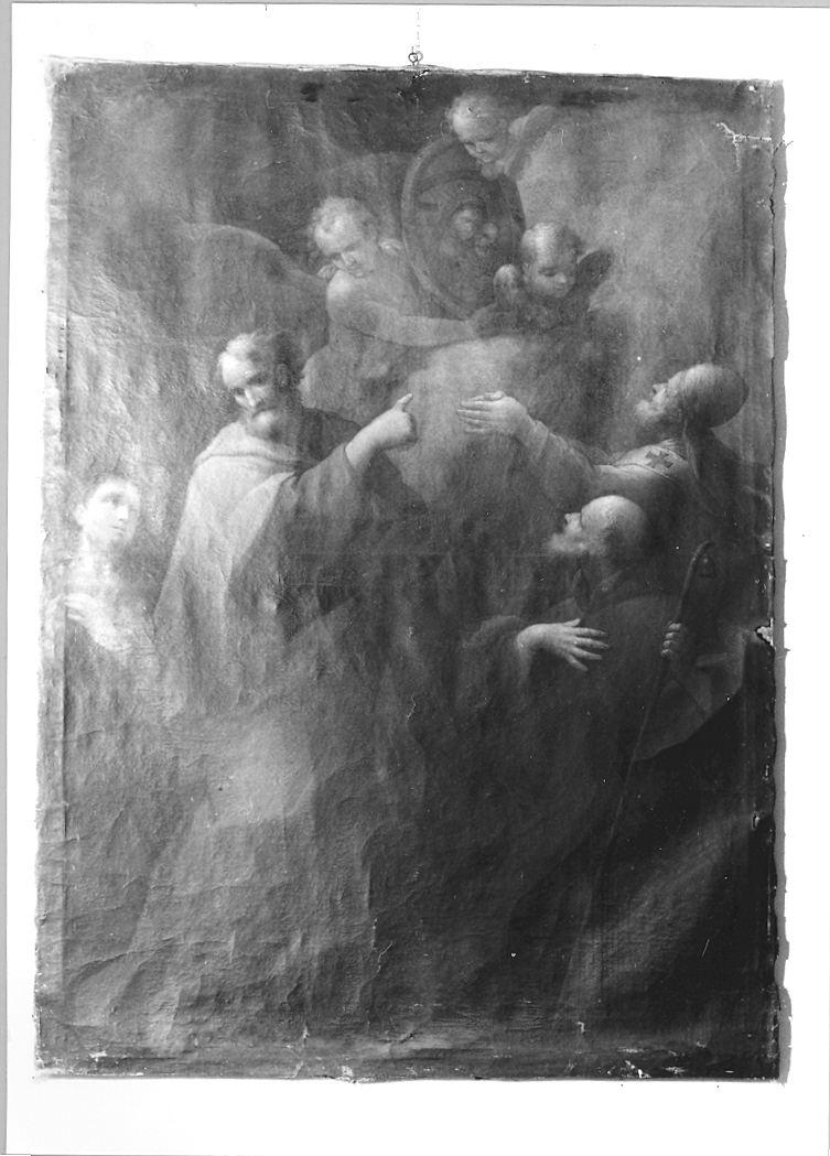 Santi in adorazione della Madonna con Bambino (dipinto) - ambito marchigiano (sec. XVII)