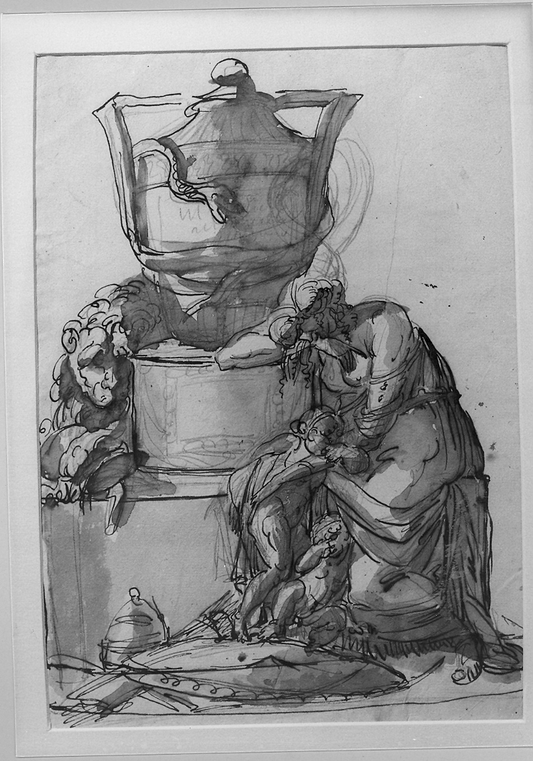 studio di monumento funebre con tre dolenti ai piede di un'urna (disegno) di Duranti Fortunato (sec. XIX)