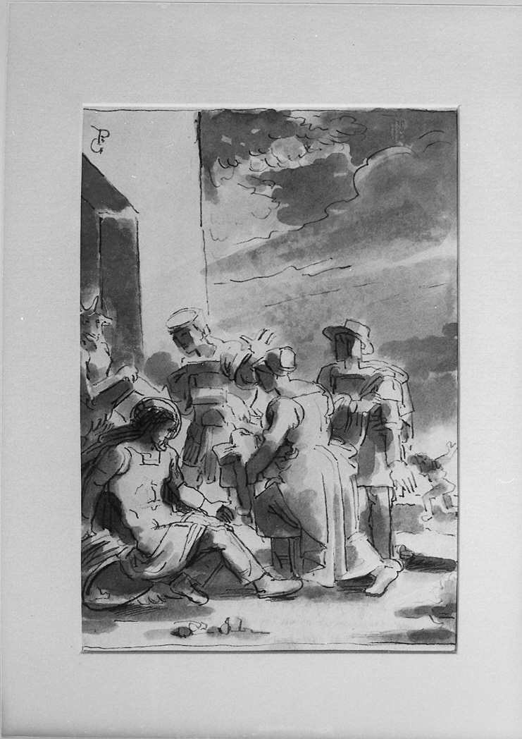 scena di vita popolare di fronte all'ingresso di un edificio (disegno) di Duranti Fortunato (sec. XIX)