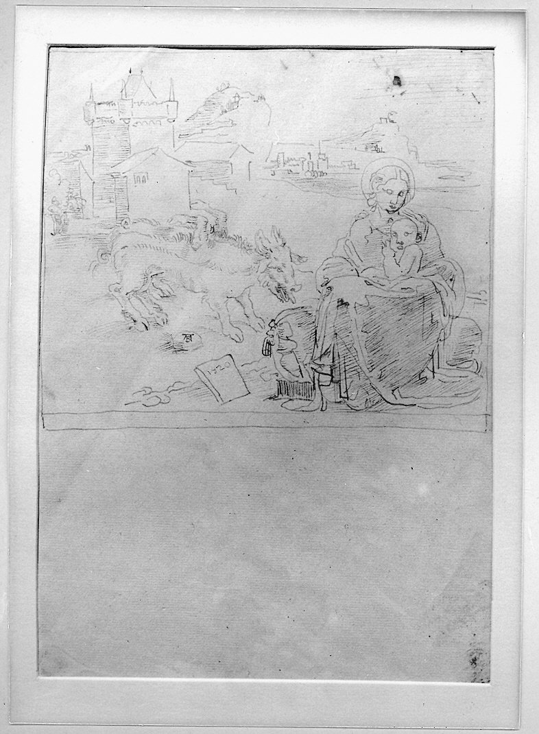 Madonna con Bambino in un paesaggio con castello e animale fantastico (disegno) di Duranti Fortunato (sec. XIX)