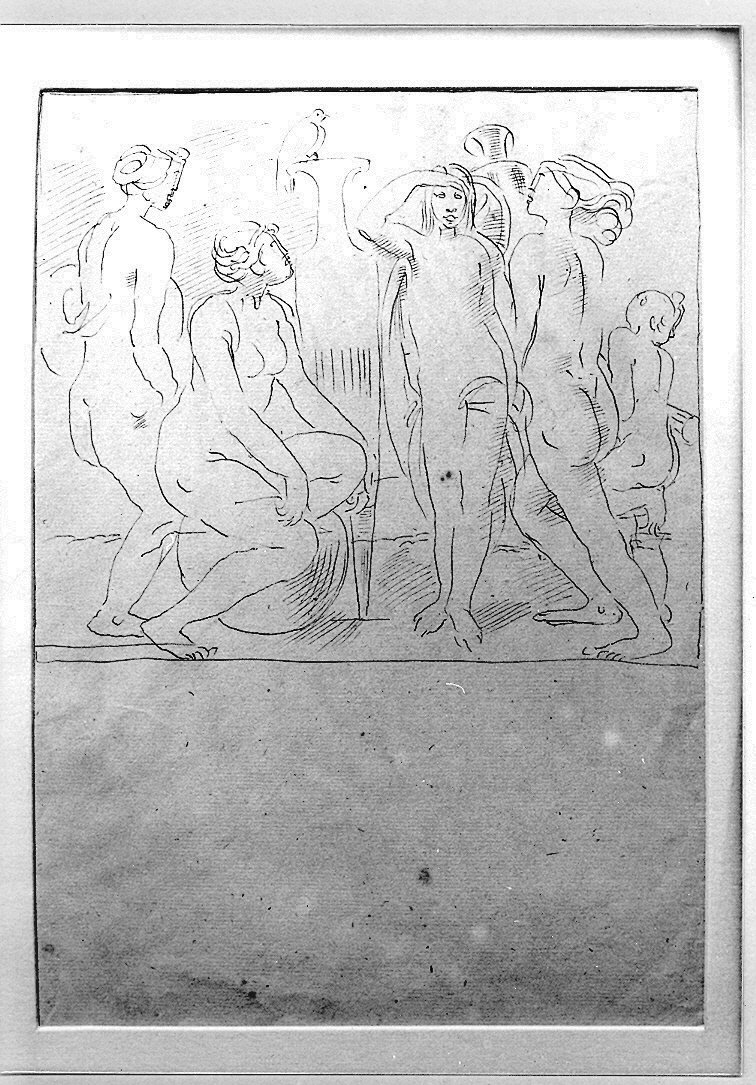 studio di cinque nudi, due anfore e una colomba (disegno) di Duranti Fortunato (sec. XIX)