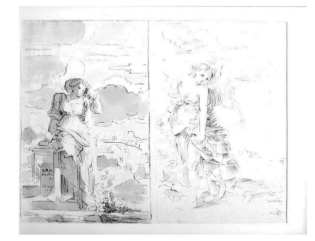 figura allegorica/ San Raffaele Arcangelo e Tobiolo (disegno) di Duranti Fortunato (sec. XIX)