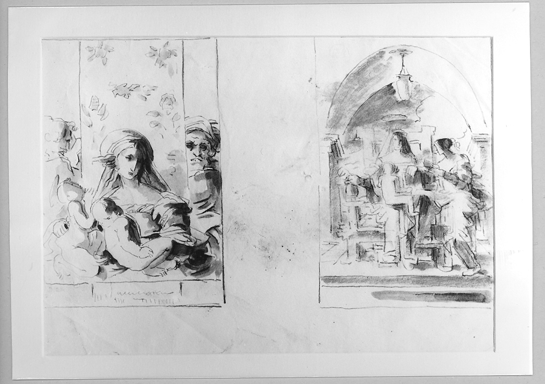 Madonna con Bambino, San Giovannino e due Santi/ Madonna con Bambino in trono e una Santa (disegno) di Duranti Fortunato (sec. XIX)
