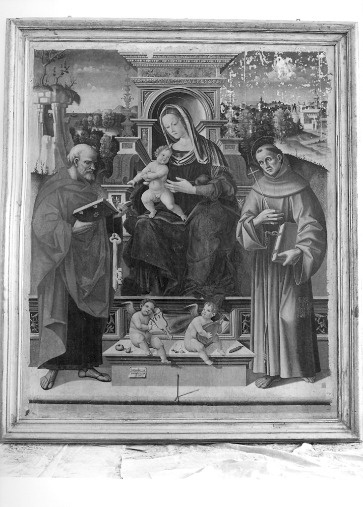 Madonna con Bambino in trono tra santi (dipinto) di Pagani Vincenzo (sec. XVI)