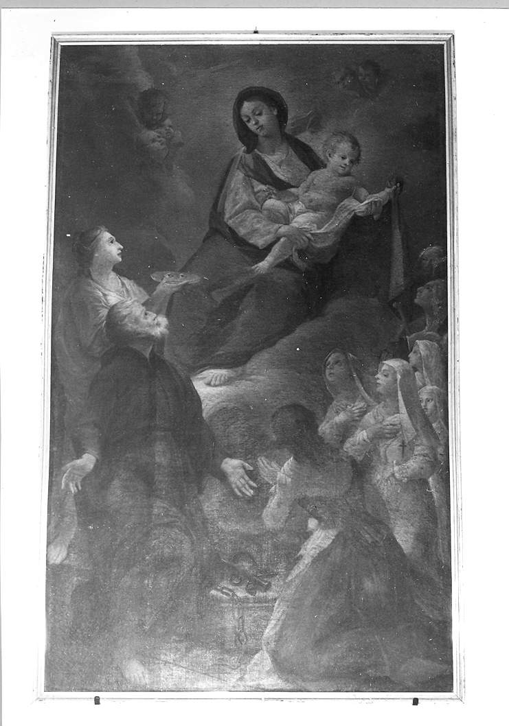 Santa Lucia e San Vincenzo martire intercedono presso la Madonna con Bambino per le orfanelle (dipinto) - ambito marchigiano (sec. XVIII)