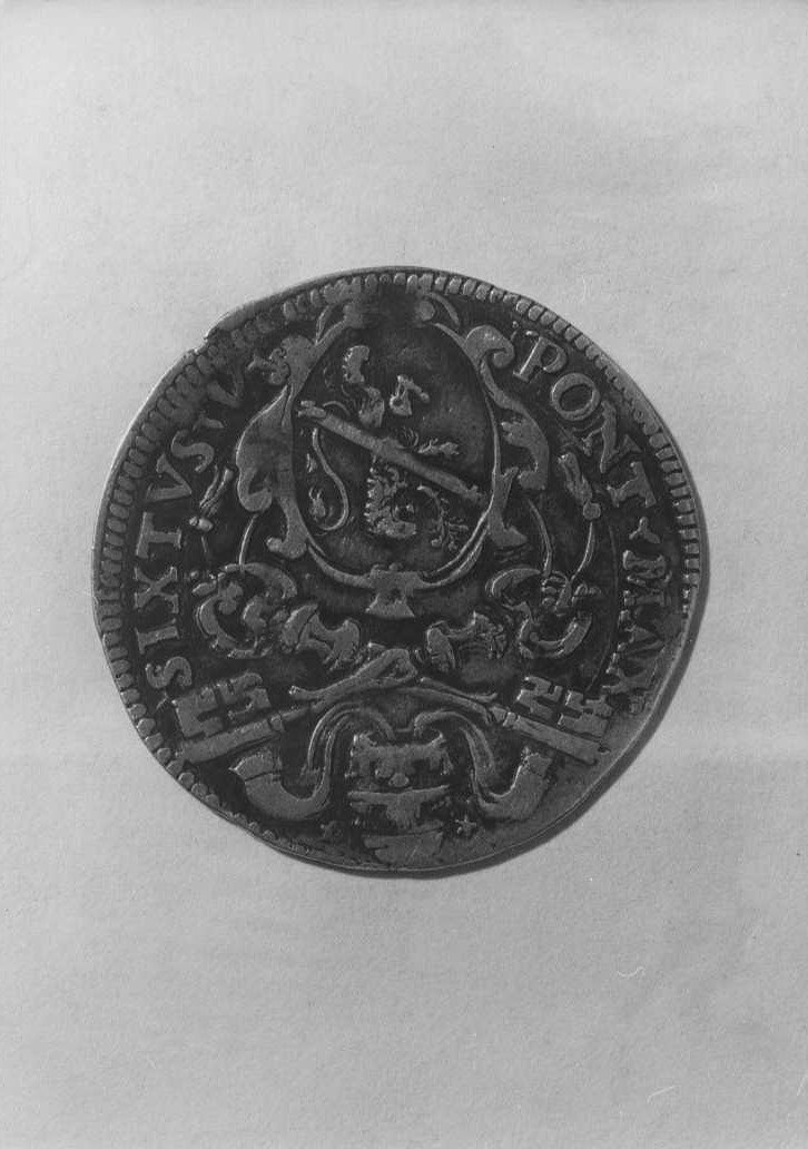 stemma Peretti/ San Petronio e coppia di stemmi (medaglia) - bottega marchigiana (fine sec. XVI)