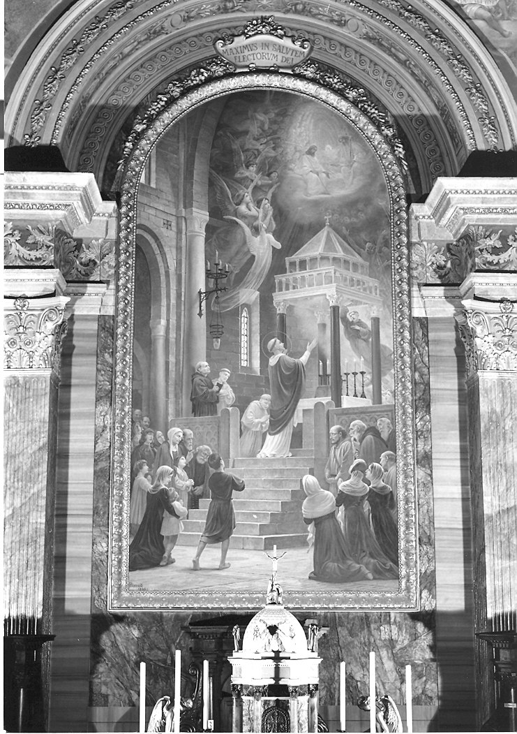 San Nicola da Tolentino libera l'anima del confratello Pellegrino dal purgatorio (dipinto, elemento d'insieme) - ambito marchigiano (inizio sec. XX)