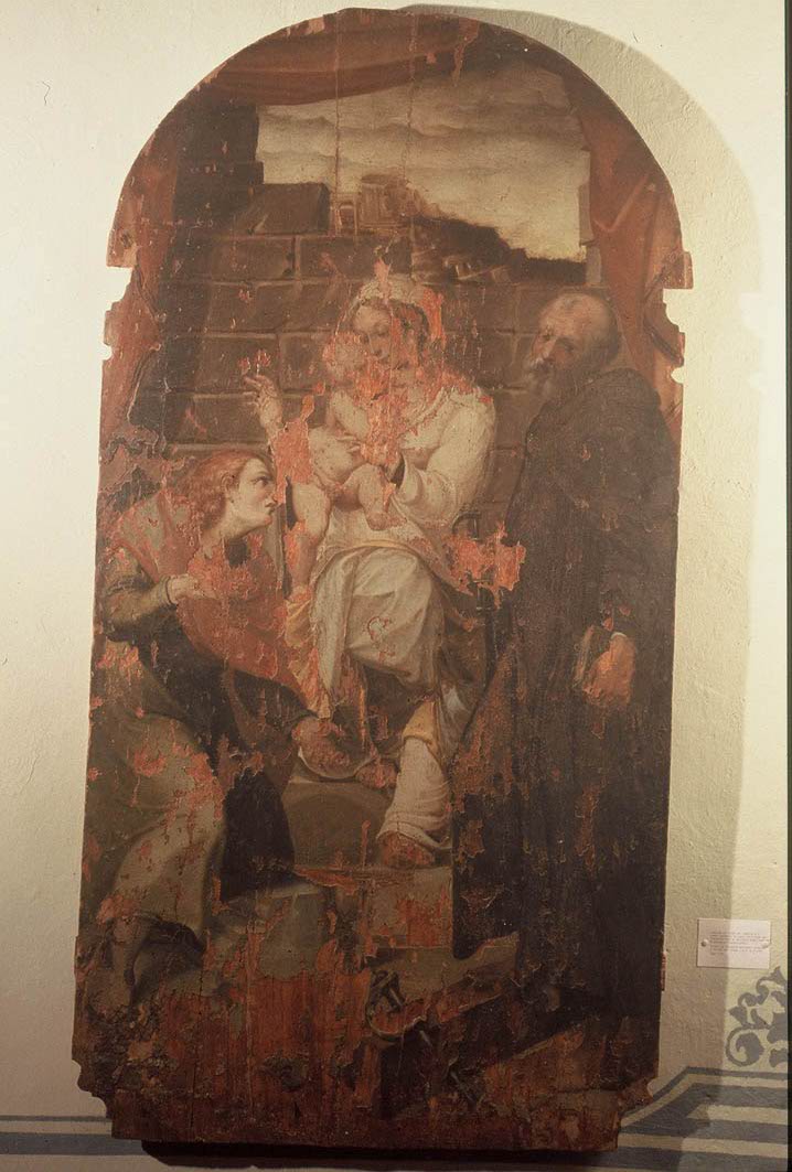 Madonna con Bambino in trono tra santi (dipinto) di Salvolini Giustino detto Giustino Episcopi (sec. XVI)