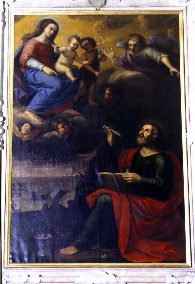 San Luca scrive il vangelo ispirato da un angelo (pala d'altare, elemento d'insieme) - ambito marchigiano (seconda metà sec. XVII)