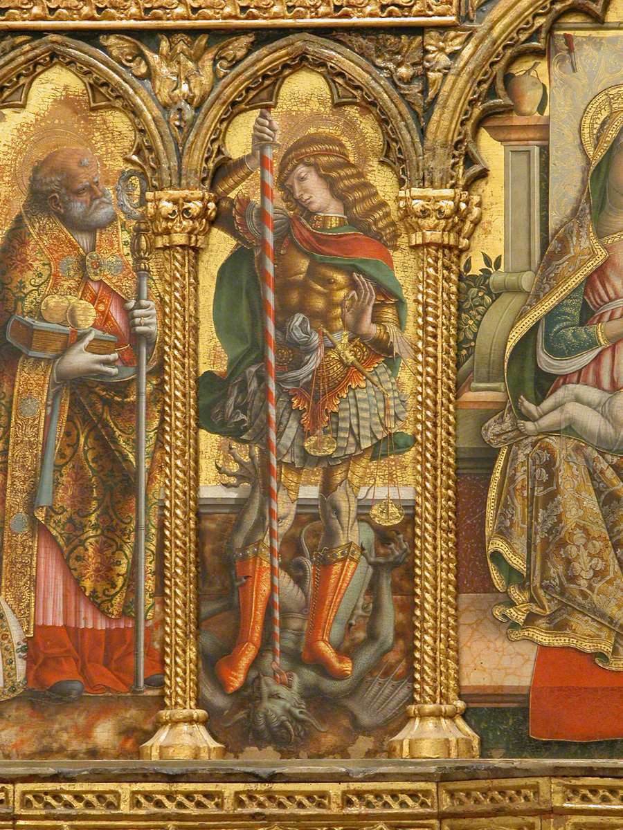 San Michele Arcangelo (scomparto di polittico, elemento d'insieme) di Crivelli Carlo, Crivelli Vittore (ultimo quarto sec. XV)