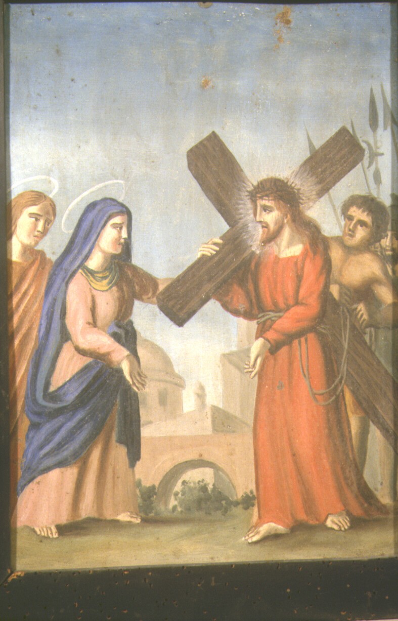 stazione V: Gesù aiutato da Simone il Cireneo a portare la croce (dipinto, elemento d'insieme) - bottega marchigiana (primo quarto sec. XX)