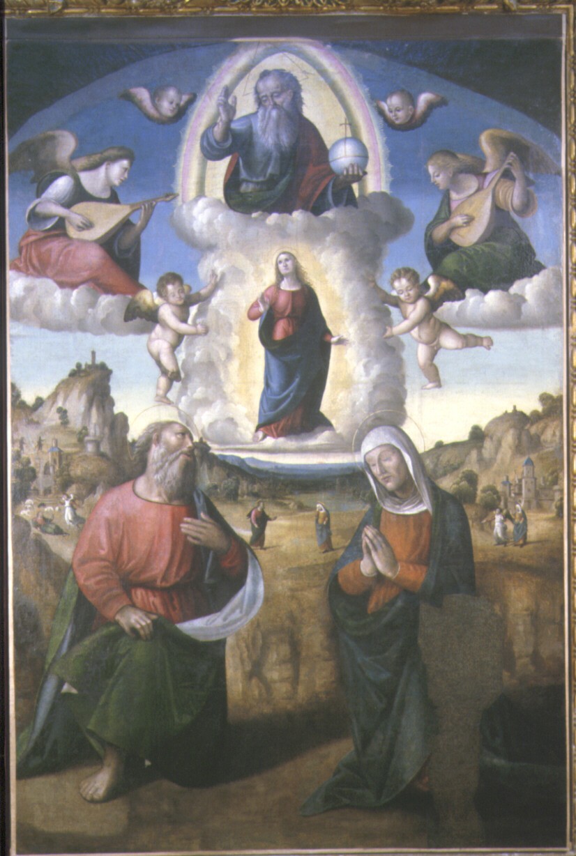 Immacolata Concezione con Dio Padre, San Gioacchino e Sant'Anna (dipinto) di Presutti Giuliano detto Giuliano da Fano (metà sec. XVI)