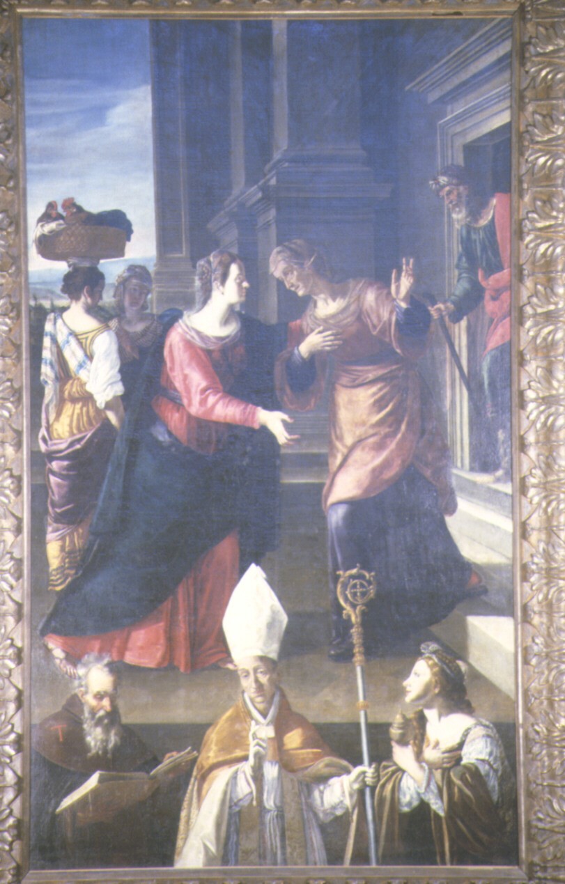 visitazione con i Santi Antonio Abate, Fortunato e Maria Maddalena (dipinto, elemento d'insieme) di Guerrieri Giovanni Francesco (sec. XVII)