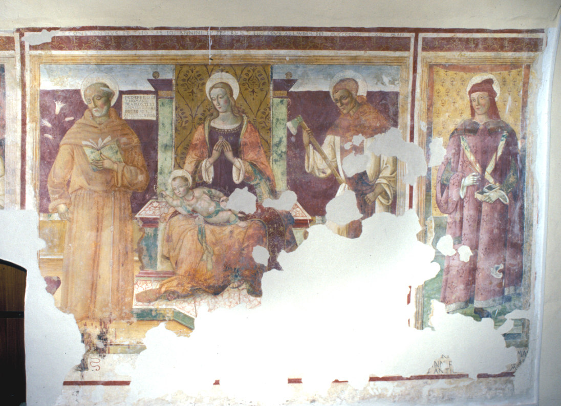 Madonna in trono con Bambino, Sant'Antonio da Padova e Sant'Amico (dipinto, ciclo) - ambito umbro-marchigiano (sec. XVI)