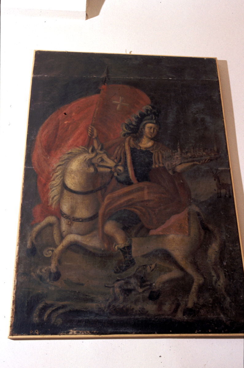 Sant'Eustachio a cavallo recante un modellino della città (dipinto) - ambito marchigiano (sec. XVII)