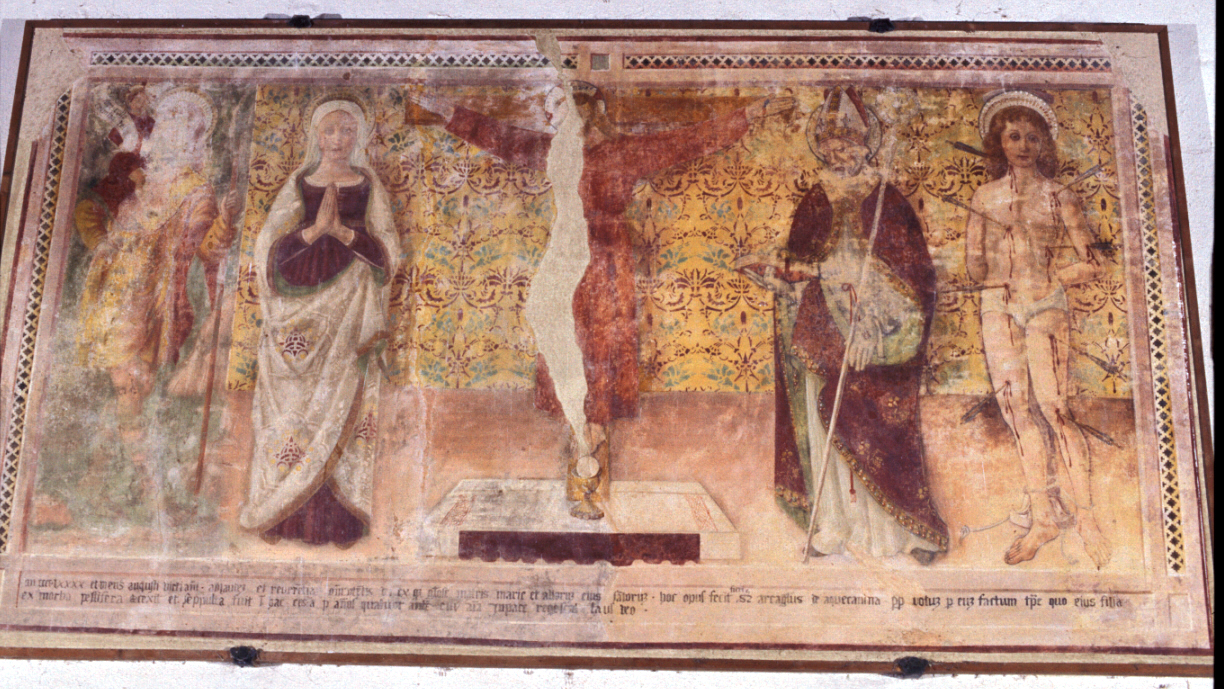 crocifissione con San Cristoforo, Santa Margherita, Santo Vescovo e San Sebastiano (dipinto) di Girolamo di Giovanni (sec. XV)