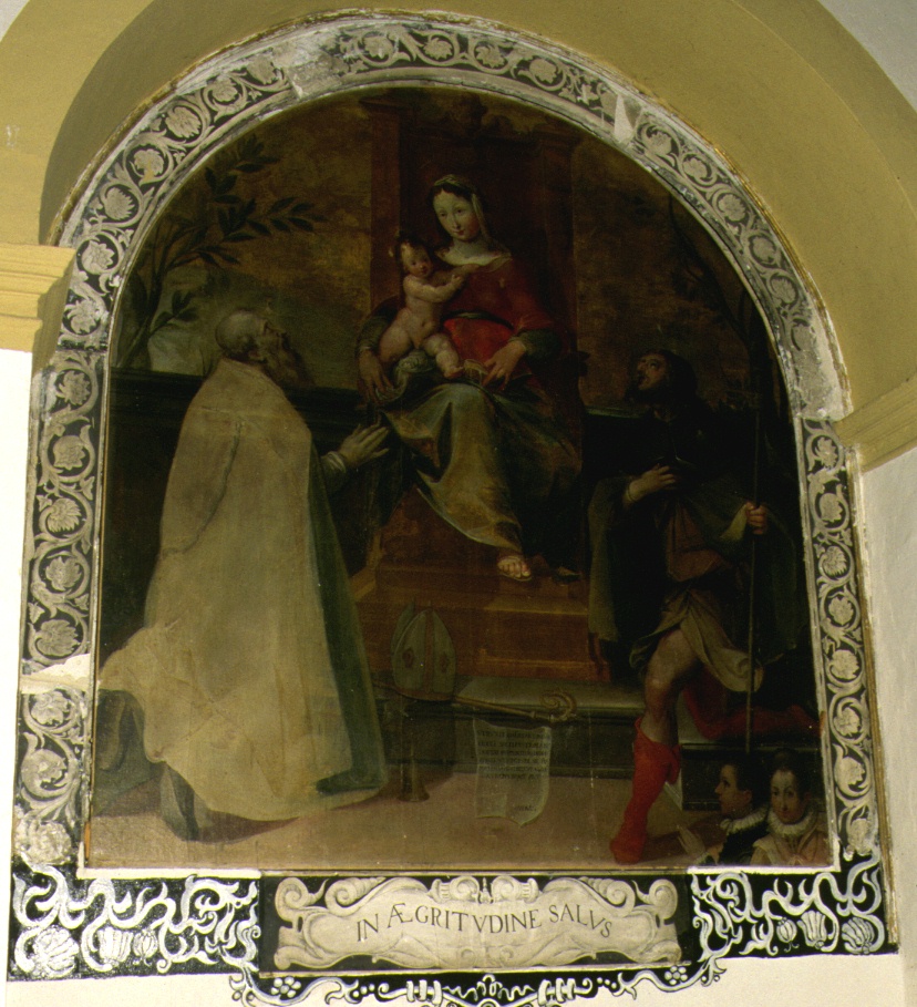 Madonna in trono con Bambino, Sant' Antonio Abate, San Rocco e committenti (dipinto, elemento d'insieme) - bottega marchigiana (sec. XVI)