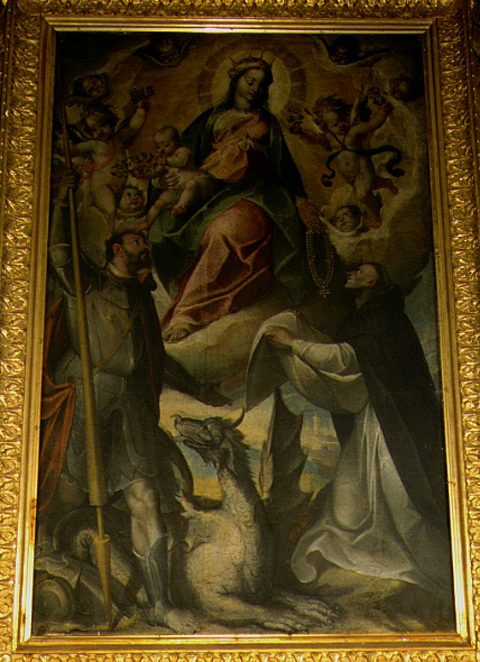 Madonna del Rosario con San Giorgio e San Domenico (dipinto, elemento d'insieme) di Picchi Giorgio (fine sec. XVI)