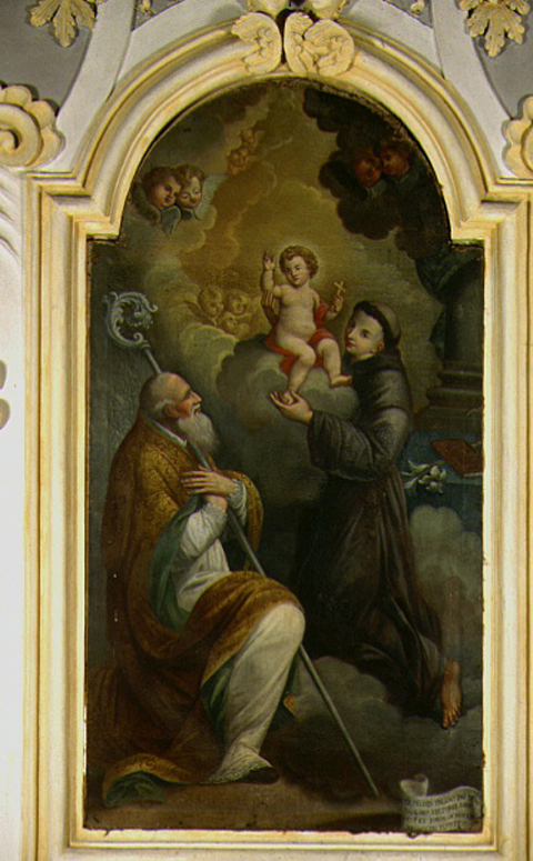 Vescovo, Sant'Antonio e Gesù Bambino (dipinto, elemento d'insieme) di Del Monte Giuseppe (sec. XVIII)