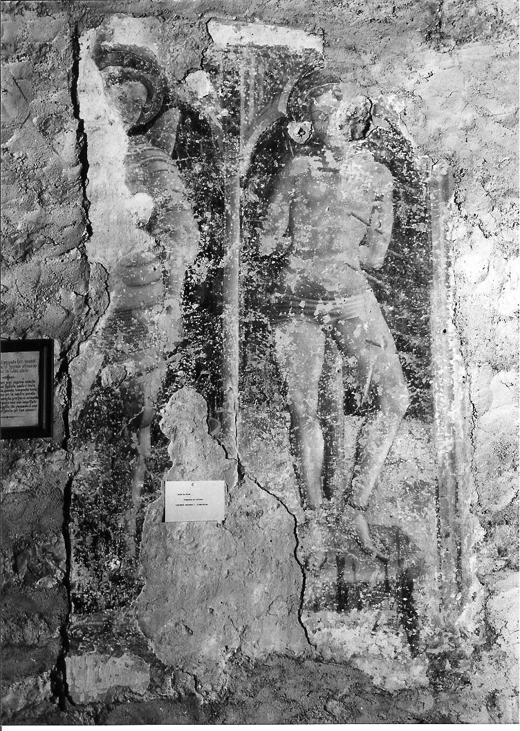 San Michele Arcangelo e San Sebastiano (dipinto, frammento) di Paolo da Visso (sec. XV)