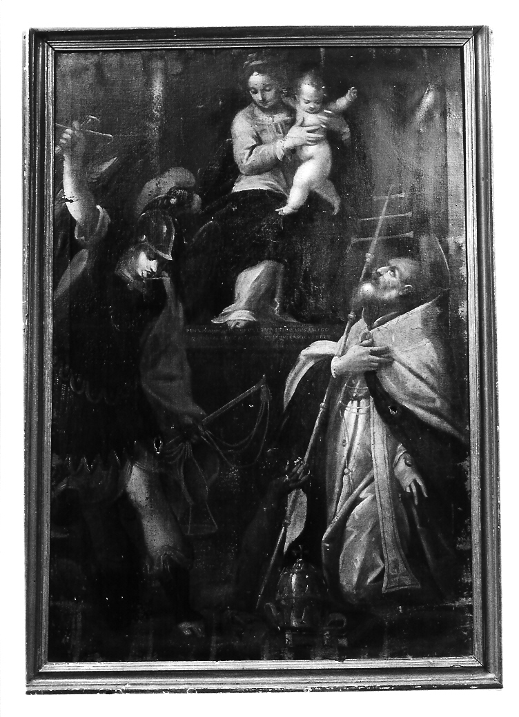 Madonna con Bambino in trono tra San Michele Arcangelo e San Paterniano (dipinto) di Ridolfi Claudio (e aiuti) (sec. XVII)